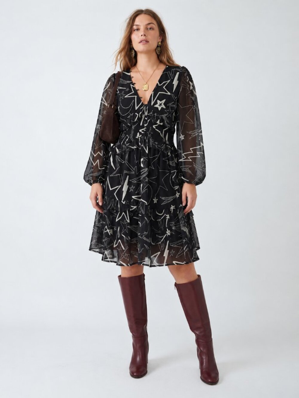 ASOS DESIGN Black Star Print Pintuck Ruffle Mini Dress Long Sleeve 22